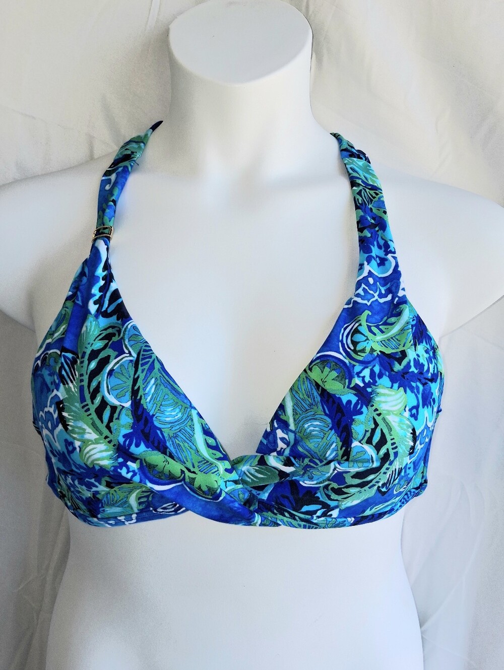 Lauren Ralph Lauren Blue & Green Leaf-Print Halter Bikini Top Sz 8 NWT